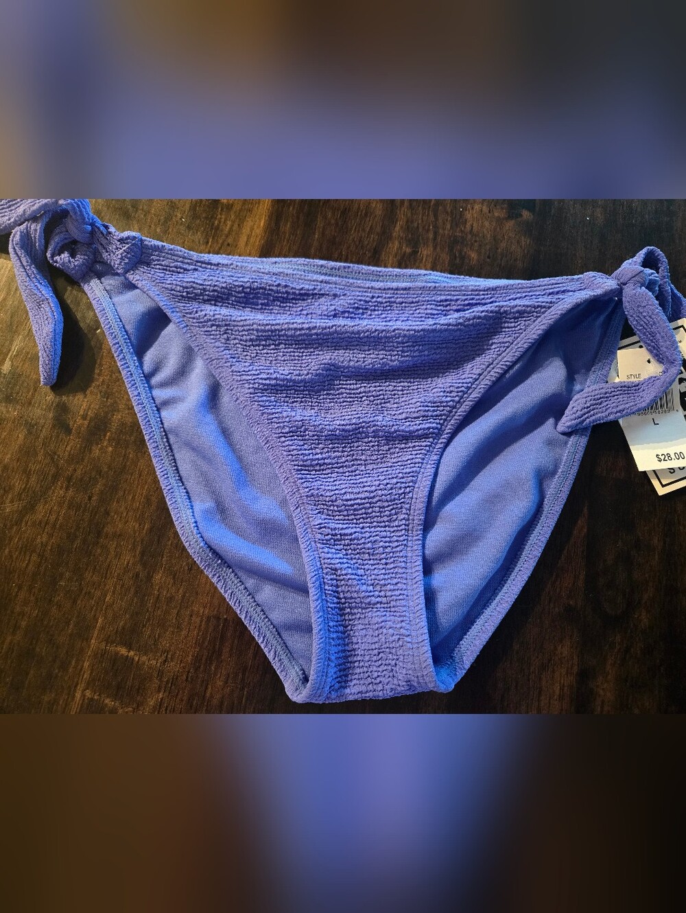 Womens L Tie-Side Textured Bikini Bottom - Lavender/blue. New With Tags